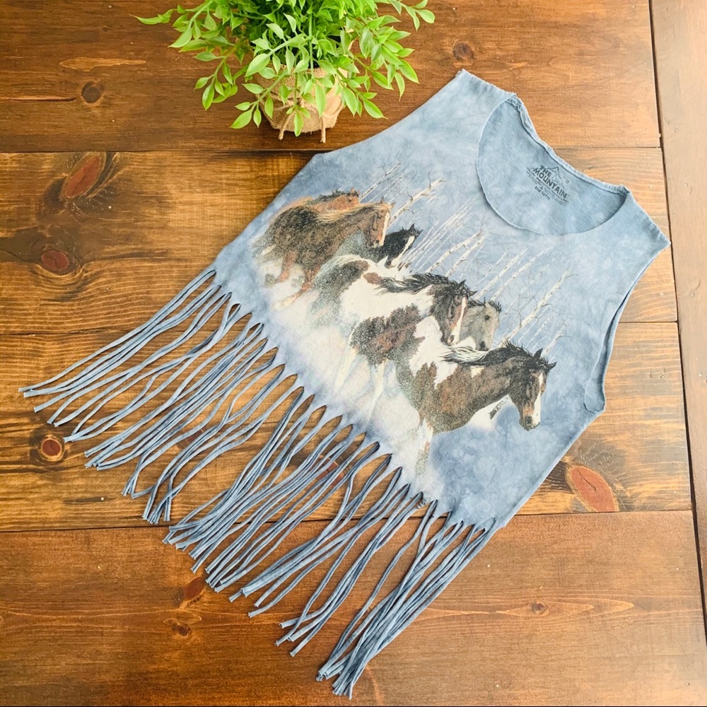 The Mountain custom blue cut off horse top size M